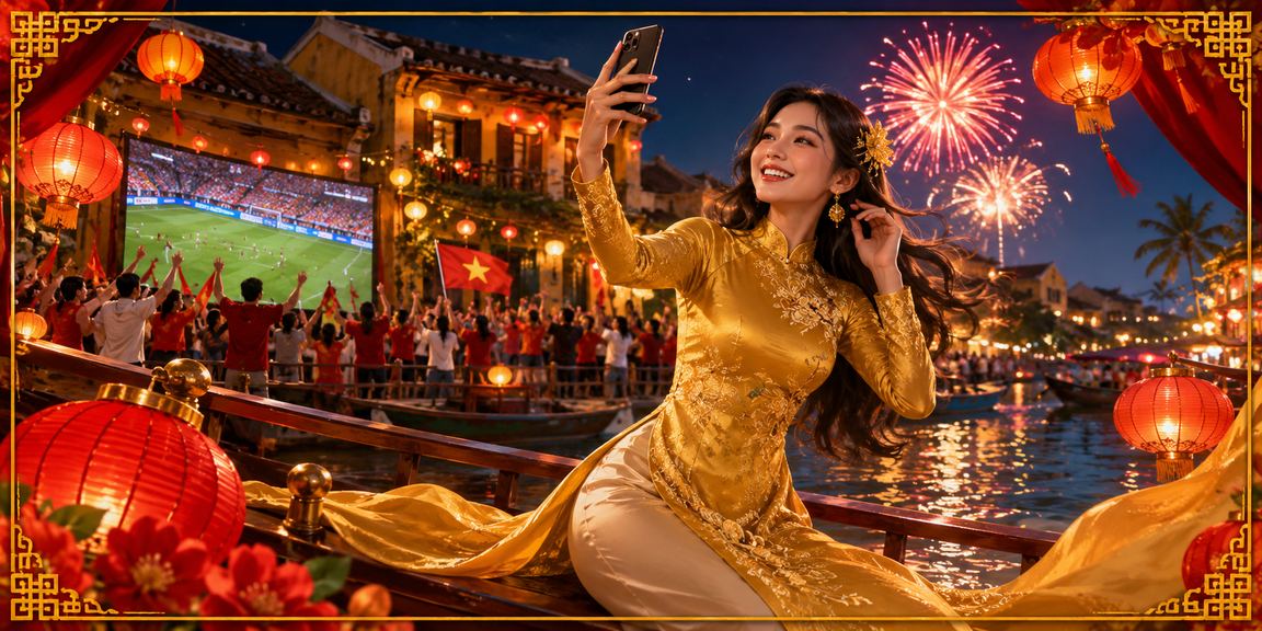 Người dùng xem khuyến mãi casino trên điện thoại di động tại Hội An với trang phục áo dài