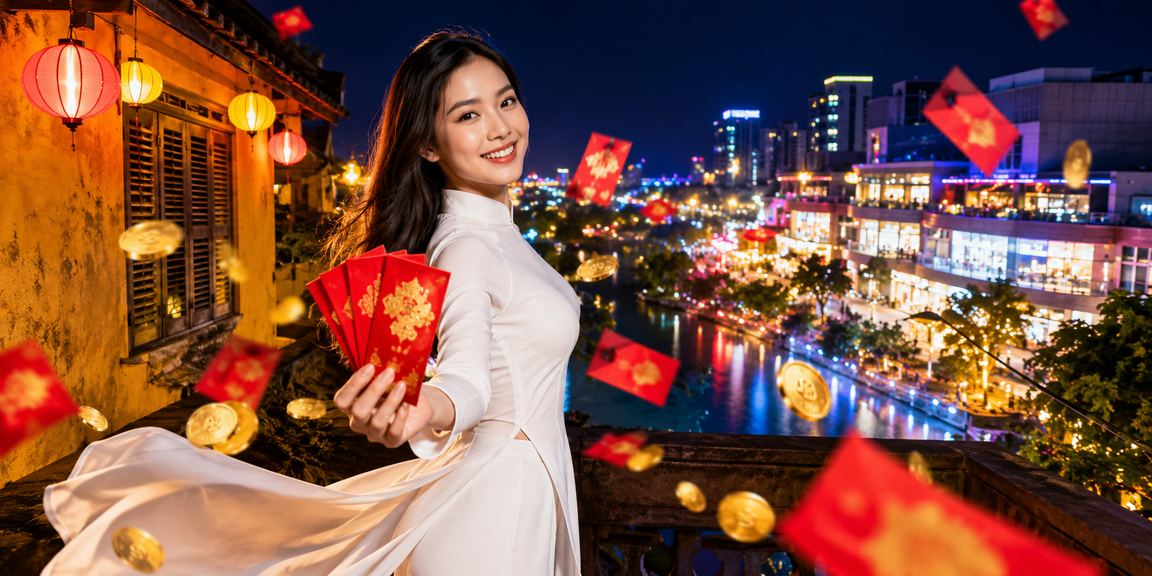 Phong bì đỏ khuyến mãi lễ hội tại Hội An với trang phục áo dài truyền thống